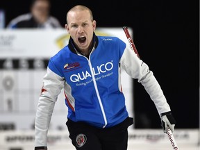 EDMONTON, ALTA: APRIL 29, 2016 -- Skip Pat Simmons shouting at sweepers against Team Koe during draw 11 at the Grand Slam of Curling's Champions Cup in Sherwood Park Arena, April 29, 2016. (ED KAISER/PHOTOGRAPHER)