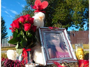 A memorial on 82 Street near 141 Avenue  where  18-year-old Faith Jackson was killed.