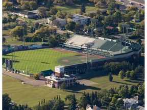 EDMONTON, ALTA: SEPTEMBER 10, 2015 -- An aerial view of Telus Field on September 10, 2015.