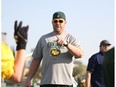 Edmonton Eskimos offensive lineman Justin Sorensen talks to players on the first night of the 2016 Eskimos Amateur Football Camp at Clarke Field in Edmonton Alta. on Monday May 16, 2016. Robert Murray/Fort McMurray Today/Postmedia Network