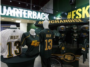 New Jerseys and other team wares are seen in the Edmonton Eskimos team store at Commonwealth Stadium.