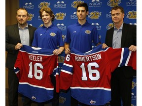 EDMONTON, ALBERTA: MAY 16, 2016 - Edmonton Oil Kings Head Coach Steve Hamilton (left) and Edmonton Oil Kings General Manager Randy Hansch (right) welcome the team's two first round draft picks Liam Keeler and Matthew Robertson in Edmonton on May 16, 2016. Story by Derek Vandiest. (PHOTO BY LARRY WONG/POSTMEDIA NETWORK)