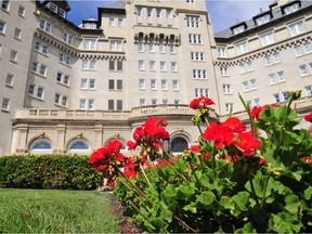 Fairmont Hotel Macdonald garden with view of the river valley.