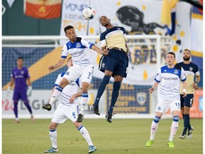 FC Edmonton midfielder Christian Raudales goes up for the header against an Armada opponent during the Eddies 1-0 win Wednesday in Jacksonville, Fla. (Supplied)