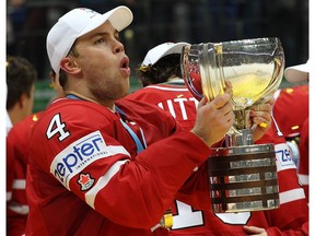 Taylor Hall #4 of Canada celebrates the win over Finland during the 2016 IIHF World Championship gold medal game at the Ice Palace on May 22, 2016 in Moscow, Russia.