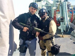 Ryan King gets training on clearing the deck during tactical training on board the HMCS Fredricton in France. (Supplied)