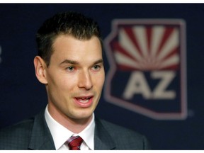 Newly appointed Arizona Coyotes general manager John Chayka speaks at a news conference announcing his promotion, Thursday, May 5, 2016, in Glendale, Ariz. Chayka is the youngest GM in NHL history.