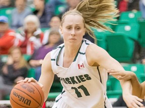 Laura Dally, pictured here playing for the Saskatchewan Huskies, is currently at Canada Basketball's national women's team's training camp. The 23-year-old Bright's Grove guard is competing in part one of the three-phase camp. Handout/Sarnia Observer/Postmedia Network