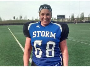 Leanne Coleman is a 51-year-old rookie with the Edmonton Storm, this city's entry in the Western Women's Canadian Football League. For a Jason Hills feature. May 11, 2016. (Jason Hills)