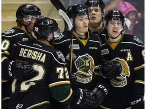 London Knights' Matthew Tkachuk, centre, celebrates his goal with teammates during first period CHL Memorial Cup hockey action against the Rouyn-Noranda Huskies in Red Deer on May 24, 2016.