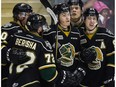 London Knights' Matthew Tkachuk, centre, celebrates his goal with teammates during first period CHL Memorial Cup hockey action against the Rouyn-Noranda Huskies in Red Deer, Tuesday, May 24, 2016.