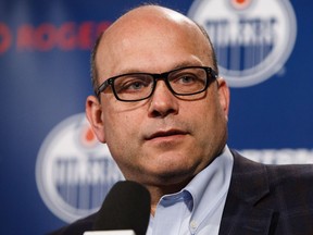 Edmonton Oilers general manager Peter Chiarelli speaks to the media during the Edmonton Oilers' end-of-the-year press conference