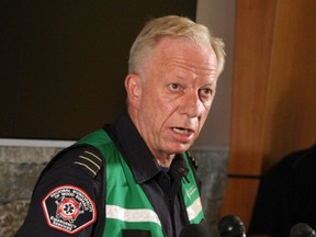 Regional Municipality of Wood Buffalo Fire Chief Darby Allen speaks at a press conference regarding the wildfires in Fort McMurray Alta. on Tuesday May 3, 2016.