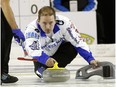 SHERWOOD PARK, ALBERTA: MAY 1, 2016 - Reid Carruthers (skip) delivers a rock during game action against John Epping's team at the Grand Slam of Curling's Champions Cup men's final held at the Sherwood Park Arena on May 1, 2016. (PHOTO BY LARRY WONG/POSTMEDIA NETWORK)