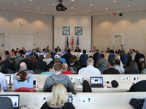 The council for the Regional Municipality of Wood Buffalo conduct their first meeting in-person on May 11, 2016 since wildfires forced 88,000 residents from the region last week. The meeting was held at Edmonton's city hall.