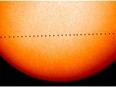 This composite image of observations by NASA and the ESA's Solar and Heliospheric Observatory shows the path of Mercury during its November 2006 transit. On Monday, May 9, 2016, the solar system's smallest, innermost planet will resemble a black dot as it passes in front of the Sun. The event occurs only about 13 times a century.