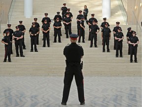 Edmonton Police Service recruit graduates rehearsing for their graduation ceremony in October 2011.