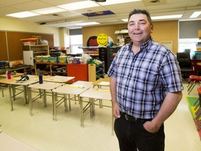 Dan Coonan, principal of Wandering River school which went from  27 pupils on May 2, 2016,  to 77 after the Fort McMurray evacuation. The room he is standing in was turned into a classroom to help with the additional students.