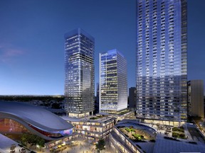 An artist's rendering of Ice District, looking east. The plaza is in the foreground, The Wintergarden is to the left, the hotel and residential tower is in the centre, the City of Edmonton tower behind, and the Stantec tower is on the right