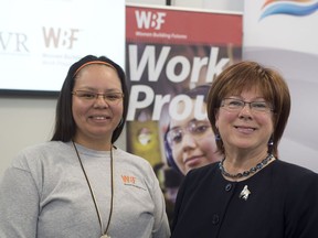 Apprentice ironworker Ramona Standingontheroad (left), a recent graduate of the Women Building Futures program, with organization president JudyLynn Archer.