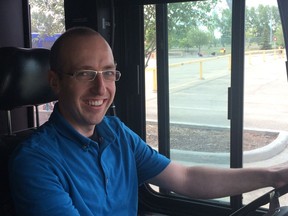 Coun. Andrew Knack tests his skills driving an Edmonton Transit bus Saturday during the annual ETS Roadeo.