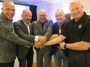 On hand for the  Alzheimer's Face Off Pro-Am hockey tournament at the Terwillegar Community Rec Centre were, left to right: Kelly Buchberger, Wendel Clark, Greg Christenson, Bryan Trottier and Marty McSorley.