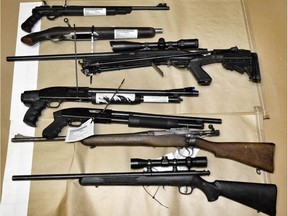 Firearms seized by Alberta Law Enforcement Response Teams following the arrest of a gang associate in Fairview, Alta. on May 1.