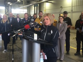 Alberta Premier Rachel Notley addresses the media after a tour of fire-ravaged Fort McMurray on May 9, 2016.