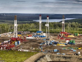 Rigs on a drilling pad, from the Seven Generations Energy Ltd. Montney operations 100 kilometres south of Grande Prairie.