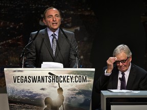 FILE - In this Feb. 10, 2015, file photo, Gary Bettman, commissioner of the National Hockey League addresses the crowd as Bill Foley, chairman, Fidelity National Financial, Inc., Black Knight and FIS wipes his forehead during the "Let's Bring Hockey to Las Vegas!" press conference at the MGM Grand Ballroom in Las Vegas. A person with direct knowledge of the NHL's decision says the league has settled on Las Vegas as its choice for expansion, provided organizers can come up with a $500 million fee. The person spoke Tuesday, June 14, 2016, on condition of anonymity because details have not been released by the league ahead of its Board of Governors meeting on June 22. (AP Photo/The Sun, L.E. Baskow, File ) LAS VEGAS REVIEW-JOURNAL OUT ORG XMIT: NVLVS201