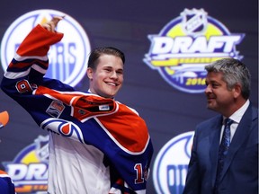 Jesse Puljujarvi celebrates after being selected fourth overall by the Edmonton Oilers during round one of the 2016 NHL Draft on June 24, 2016 in Buffalo, N.Y.