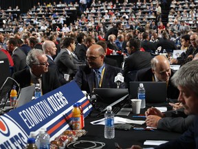 A general view of the draft table for the Edmonton Oilers during the 2016 NHL Draft on June 25, 2016 in Buffalo, New York.