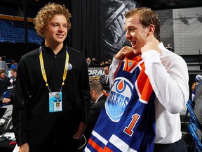 Tyler Benson reacts after being selected 32nd overall by the Edmonton Oilers during the 2016 NHL Draft on June 25, 2016 in Buffalo, N.Y.