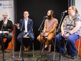 From left: Capital Ideas community manager Elise Campbell, Derek Hopfner, founder of Law Scout, Garrett Kruger, co-owner of Sailin On and Cathy Silver, co-owner of Housecalls for Housecats at Capital Ideas 52 at the Edmonton Journal on June 15, 2016.