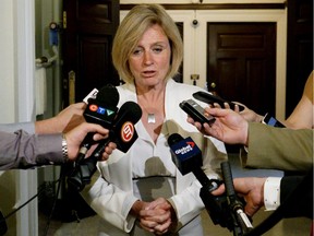 Alberta Premier Rachel Notley answers questions following her meeting with the federal government's Trans Mountain Review Panel at the Alberta Legislature on June 23, 2016.