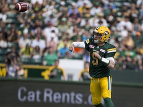 Edmonton Eskimos quarterback Jordan Lynch throws a pass against the Saskatchewan Roughriders during second half pre--season CFL action at The Brick Field at Commonwealth Stadium on June 18, 2016, in Edmonton.