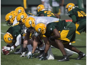 The special teams unit lines up for a field goal at Edmonton Eskimos training camp at Commonwealth Stadium. The entire offensive line is back for the Eskimos this season.