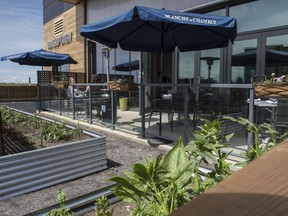 Workshop Eatery has a lovely outdoor patio, with a vegetable garden, in the Summerside neighbourhood of Edmonton.