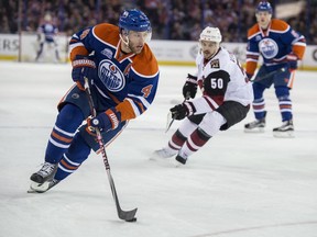 EDMONTON, AB. MARCH 11, 2016 - Taylor Hall of the Edmonton Oilers, crosses the blue line against  the Arizona Coyotes at Rexall Place in Edmonton.   Shaughn Butts / POSTMEDIA NEWS NETWORK
