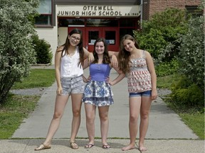 Echo Morita (left) Trina McGuire (centre) and Eva-Marie Smith (right) all 14, are not happy about the dress code imposed on girls at Ottewell Junior High School.