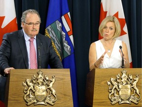 Alberta Premier Rachel Notley (right) and Government House Leader Brian Mason (left) discussed the government's accomplishments during the spring sitting of the legislature on June 7, 2016.