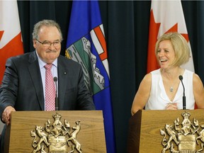 Alberta Premier Rachel Notley (right) and Government House Leader Brian Mason (left) discussed the government's accomplishments during the spring sitting of the Legislature on June 7, 2016.