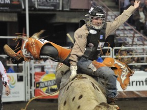 EDMONTON, ALBERTA. NOV.9/2011- at Tanner Byrne scored 83.75 in the bull riding on the first day of the Canadian Finals Rodeo in Edmonton, Alberta.  Nov. 9, 2011.  (Bruce Edwards/Edmonton Journal)