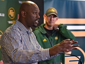 EDMONTON, ALTA: JUNE 20, 2016 -- Eskimos Vice President of Football Operations and General Manager Ed Hervey and head coach Jason Maas during a news conference at Commonwealth Stadium in Edmonton, June 20, 2016. (ED KAISER/PHOTOGRAPHER)