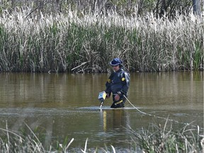RCMP, searching with a metal detector, scour a lake near Walker Lake Estates in Parkland County as part of the investigation into the murder of Jolene Marie Cote whose body was found nearby at her residence on Oct. 13, 2011.
