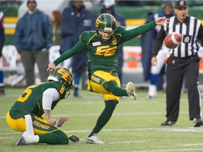 EDMONTON, ALTA: ¬†NOVEMBER 1, 2015 -- Sean Whyte (6) kicks s field goal at the Edmonton Eskimos final regular season game against the Montreal Alouettes in Edmonton, November 1, 2015. (Photo by Bruce Edwards / Edmonton Journal)