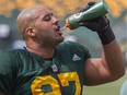 Edmonton Eskimos defensive tackle Eddie Steele takes a drink of water during practice at Commonwealth Stadium in Edmonton Alta. on Wednesday June 8, 2016. Robert Murray/Fort McMurray Today/Postmedia Network