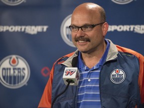 Edmonton Oilers General Manager Peter Chiarelli talks to the media after dealing Taylor Hall to New Jersey for defenseman Adam Larsson June 29, 2016.  Photo by Shaughn Butts / Postmedia  Jim Matheson Story