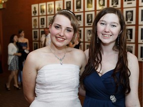 Hannah Westervelt, left, and Talissa Nagata of W.P. Wagner High School pose during the Cappies Gala at the Citadel Theatre in Edmonton.