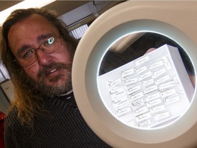 Mike Jenkins, City of Edmonton biological sciences technician,  with a tray of mosquitoes at the pest management lab Friday.